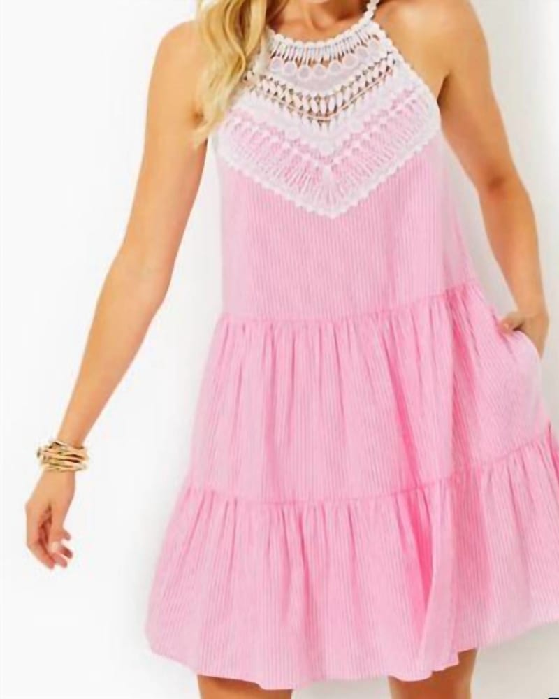 Front of a model wearing a size 14 Britt Seersucker Striped Halter Dress In Havana Pink Seersucker Stripe in Havana Pink Seersucker Stripe by Lilly Pulitzer. | dia_product_style_image_id:346830